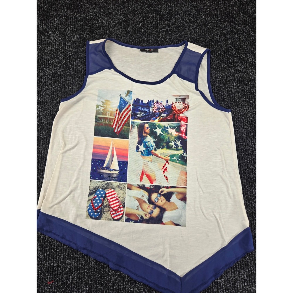 Style & Co Womens Americana Graphic Tank Top Rhinestone Sharkbite White Blue XL